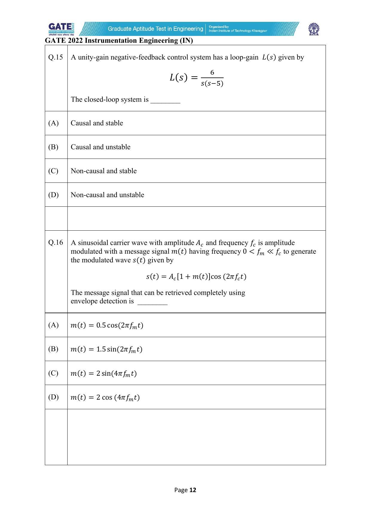 GATE 2022 Instrumentation Engineering (IN) Question Paper - Page 12