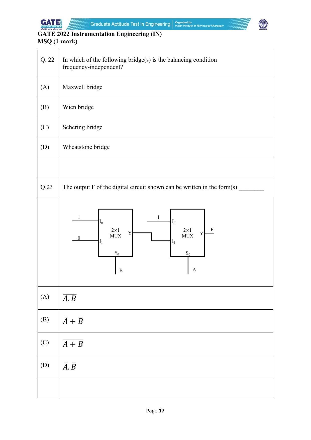 GATE 2022 Instrumentation Engineering (IN) Question Paper - Page 17
