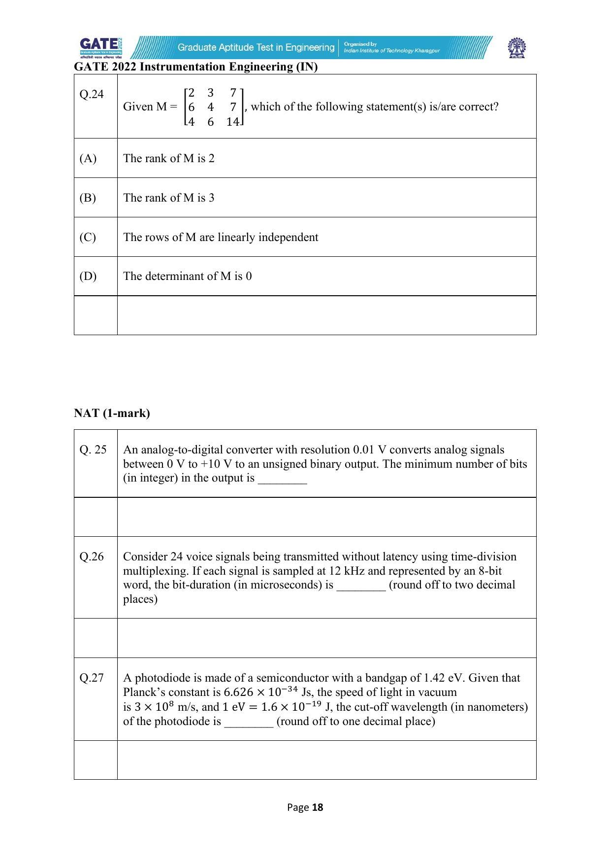 GATE 2022 Instrumentation Engineering (IN) Question Paper - Page 18