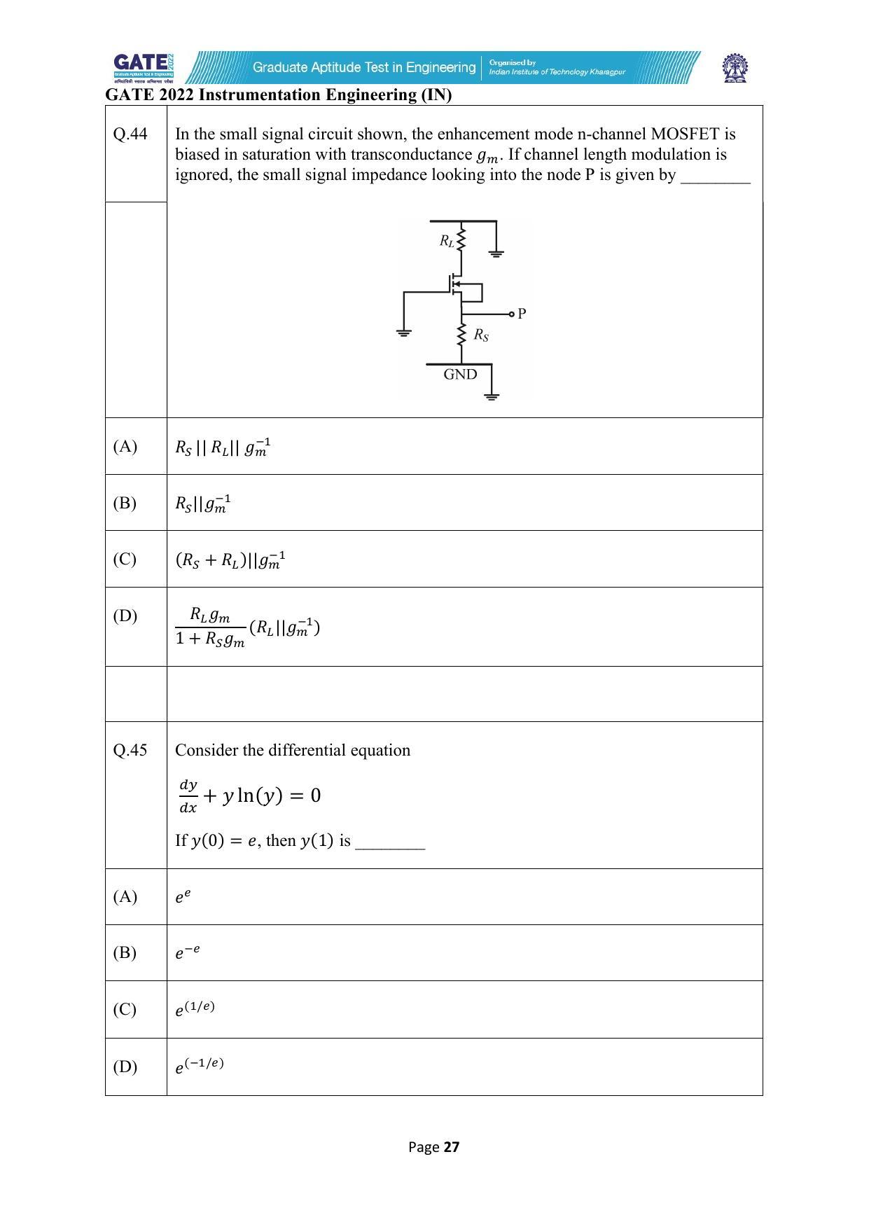 GATE 2022 Instrumentation Engineering (IN) Question Paper - Page 27