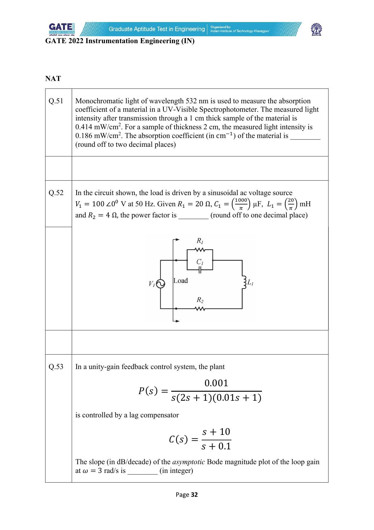 GATE 2022 Instrumentation Engineering (IN) Question Paper - Page 32