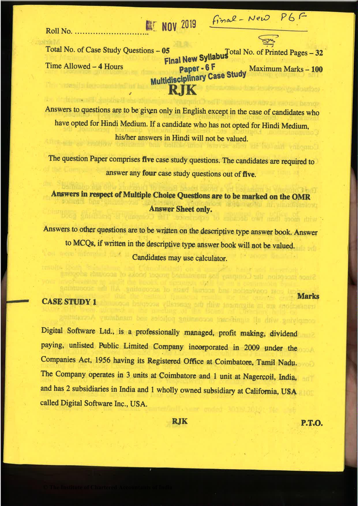 CA Final Nov 2019 Question Paper -Paper 6F – Multidisciplinary Case Study - Page 1