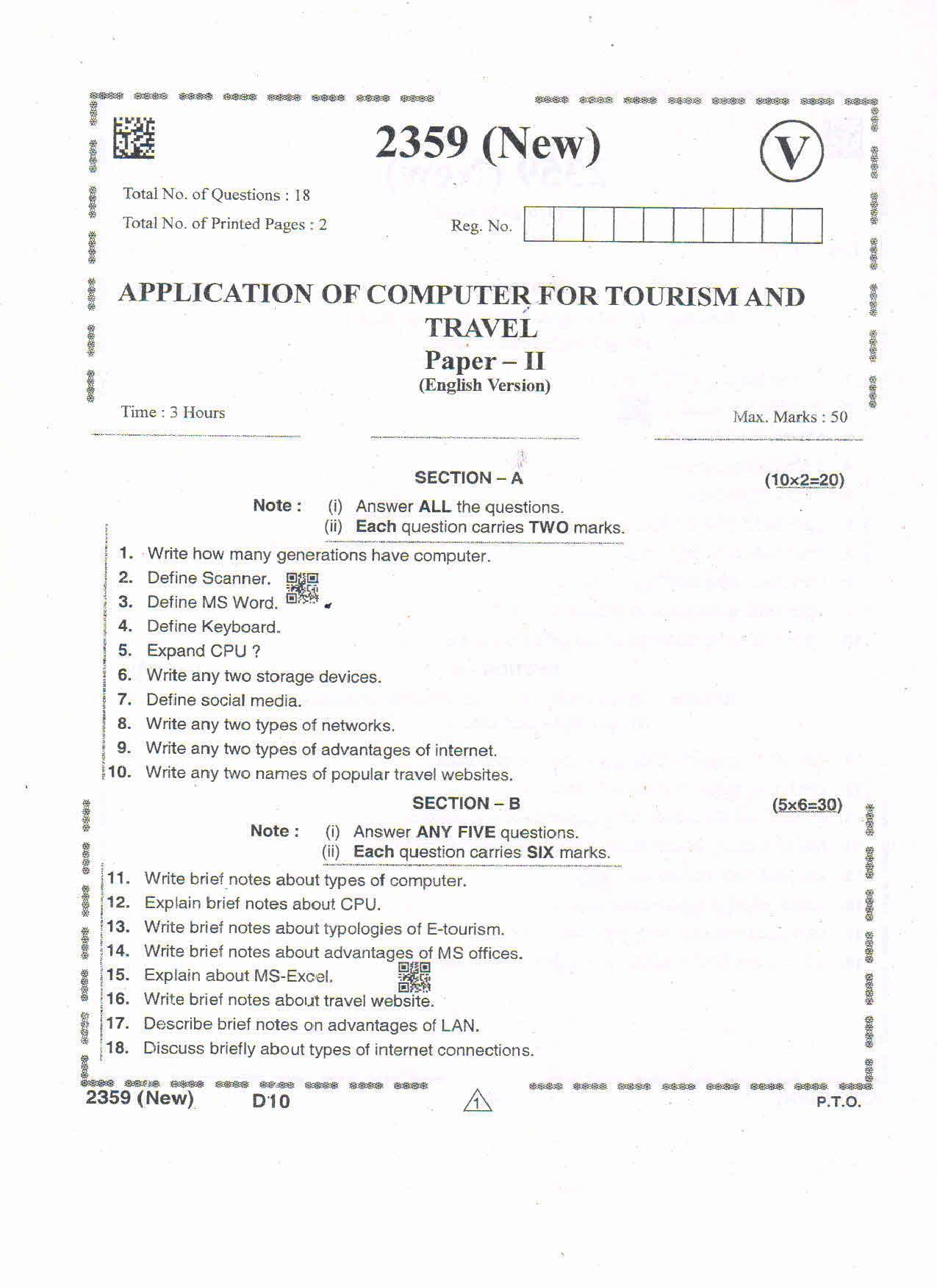 AP Intermediate 2nd Year Vocational Question Paper September-2021- Application_of_Computer_for_Tourism&Travel-II - Page 1