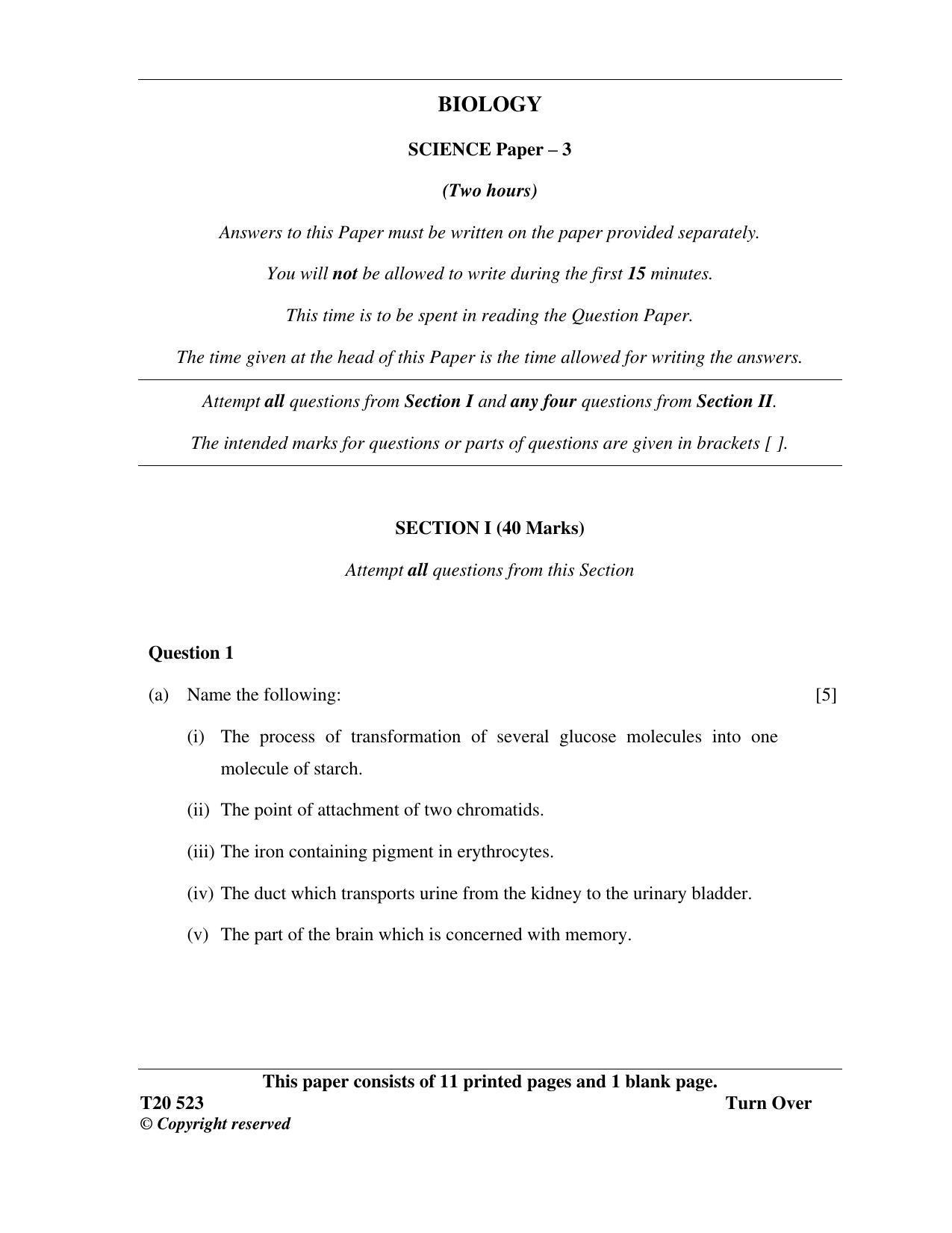 ICSE Class 10 Science Paper 3 (Biology) 2020 Question Paper - Page 1