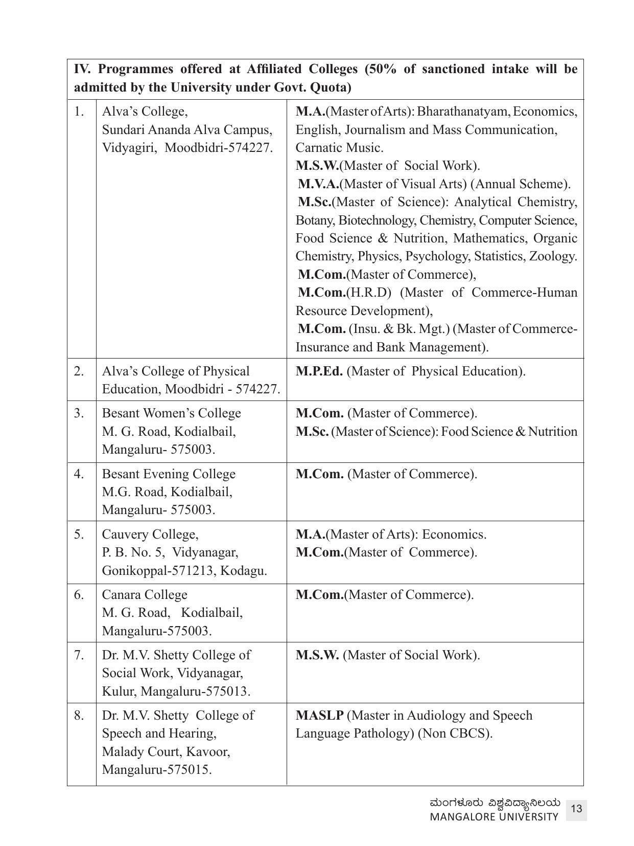 Mangalore University, Mangalore 2021-22 (Prospectus) - Page 13