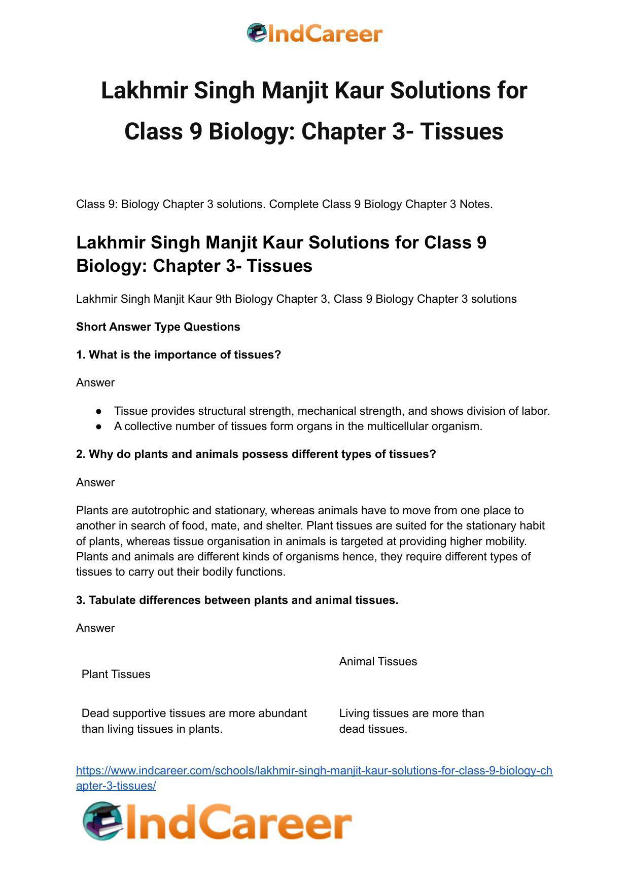 Lakhmir Singh Manjit Kaur Solutions for Class 9 Biology: Chapter 3- Tissues - Page 2