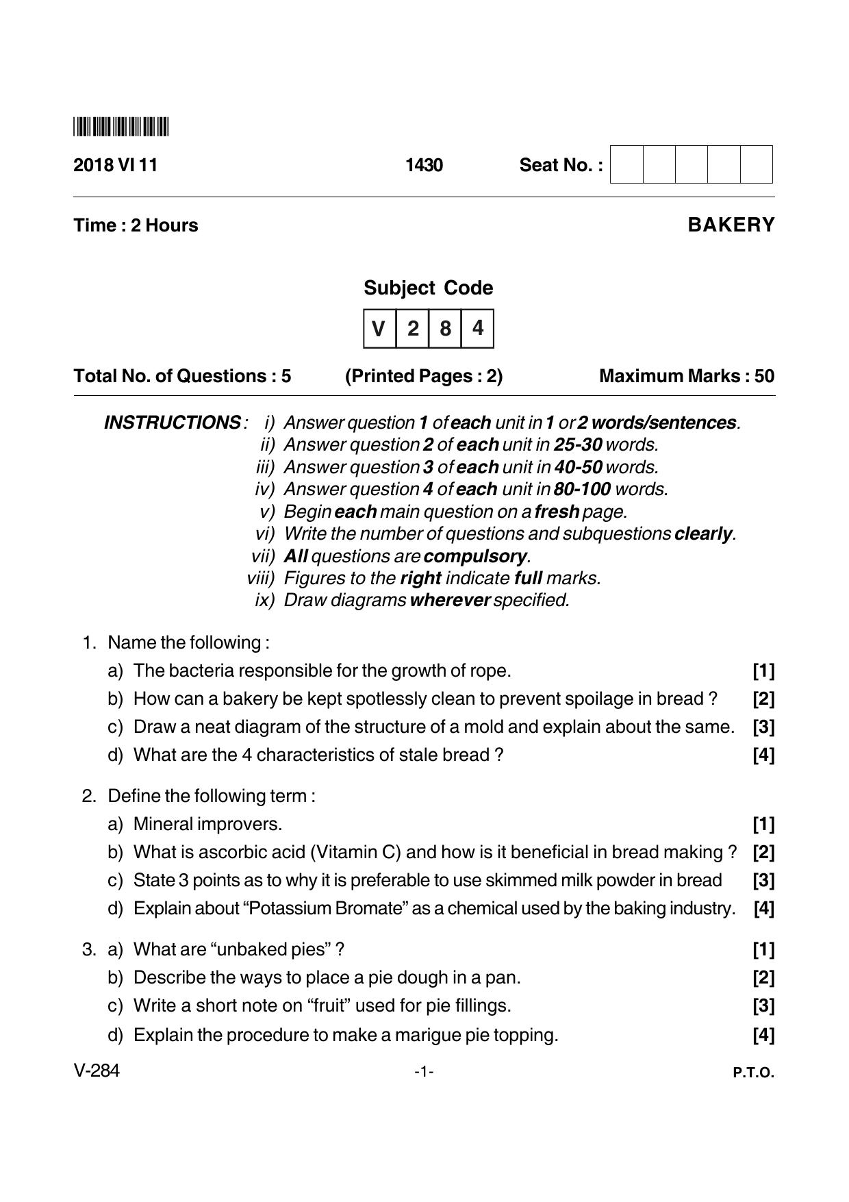 Goa Board Class 12 Bakery Voc 284 (June 2018) Question Paper - Page 1