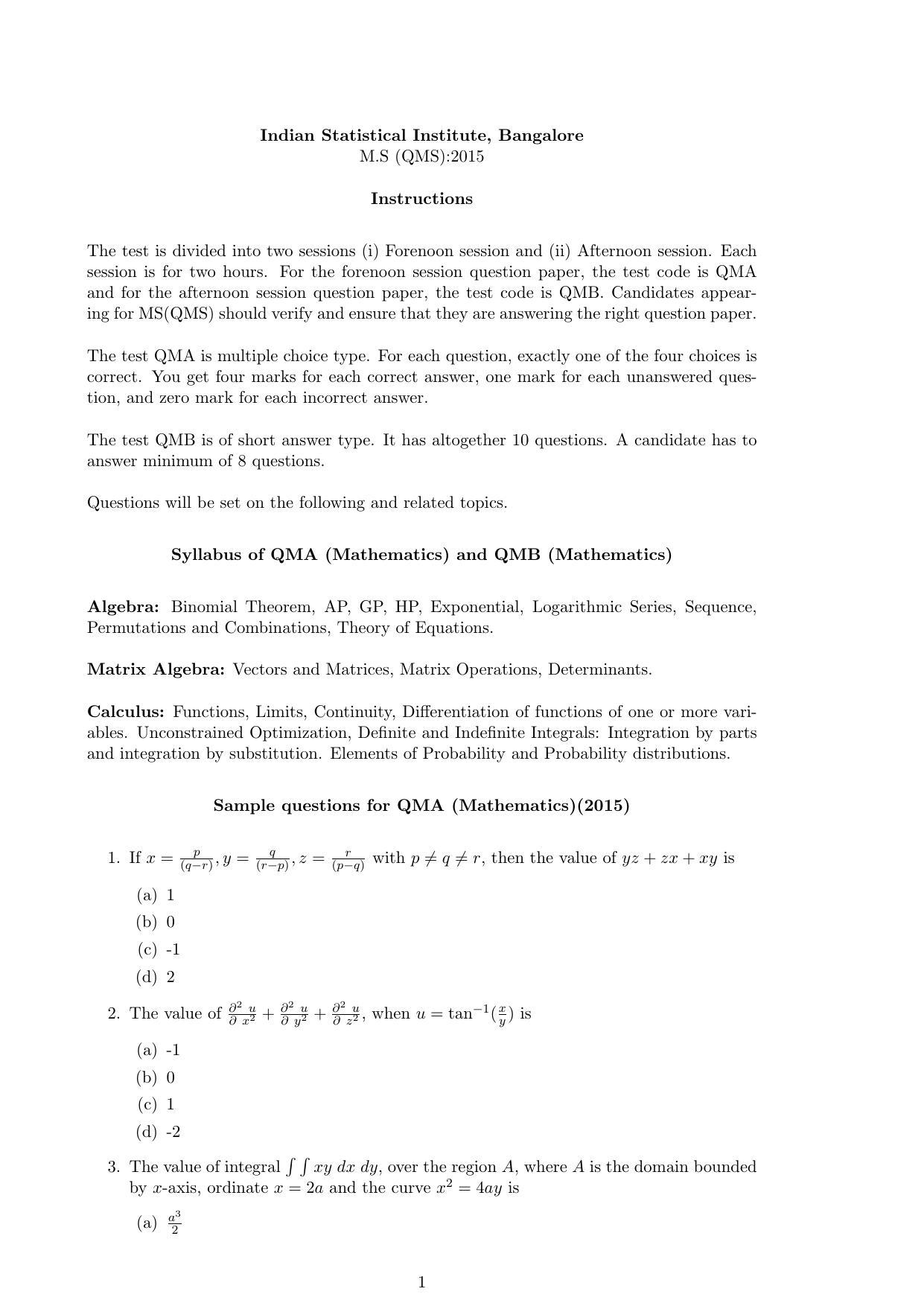ISI Admission Test M.S.(QMS) QMA 2015 Sample Paper - Page 1