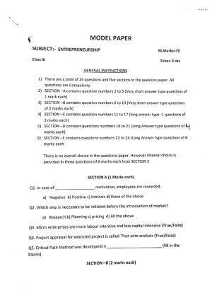 JKBOSE Class 11 Entrepreneurship Model Question Paper 2023