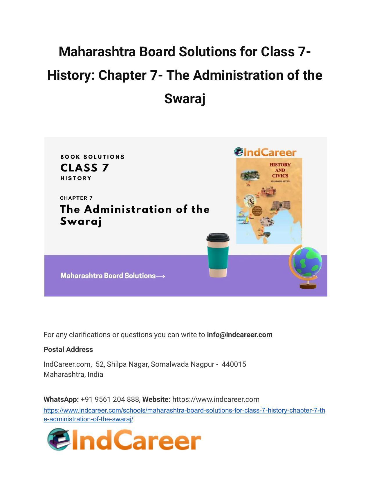 Maharashtra Board Solutions for Class 7- History: Chapter 7- The Administration of the Swaraj - Page 1