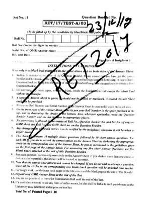 BHU RET RET TEST-A 2017 Question Paper