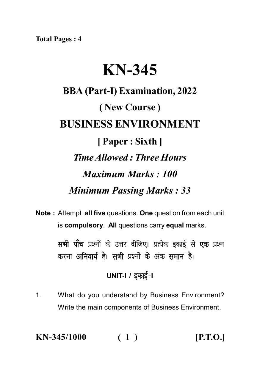 Sarguja University Question Paper - 2022 : B.B.A Part One Business Environment Paper I - Page 1
