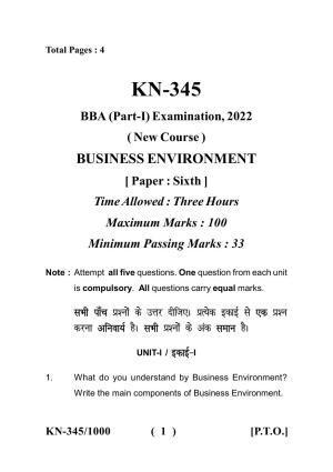 Sarguja University Question Paper - 2022 :  B.B.A Part One Business Environment Paper I