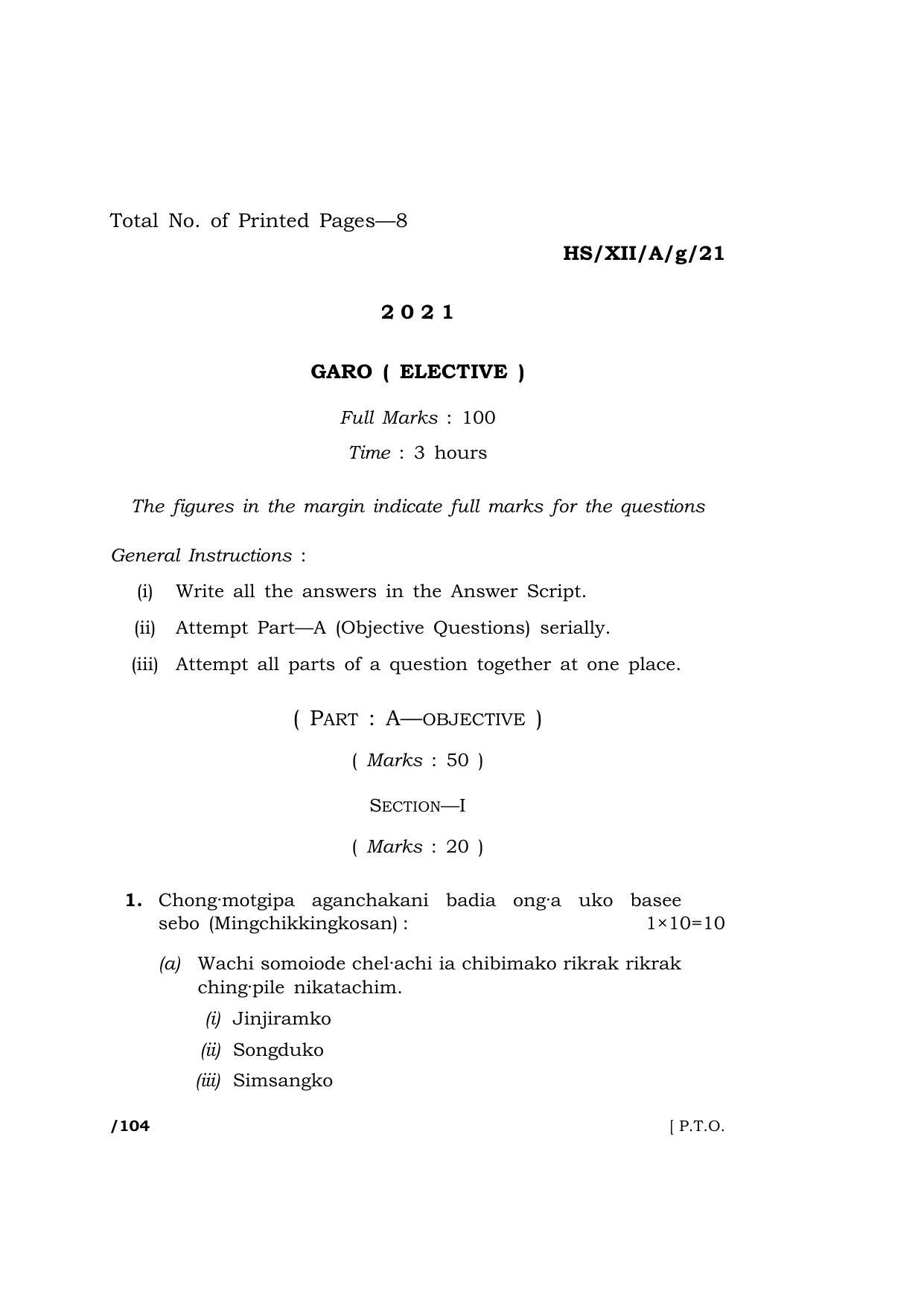 Meghalaya Board (MBOSE) Class 12 GARO (HSXIIAg21) 2021 Question