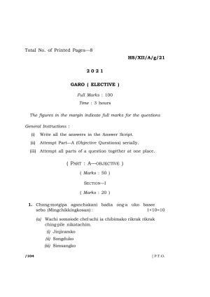 Meghalaya Board (MBOSE) Class 12 GARO  (HS-XII-A-g-21) 2021 Question Paper