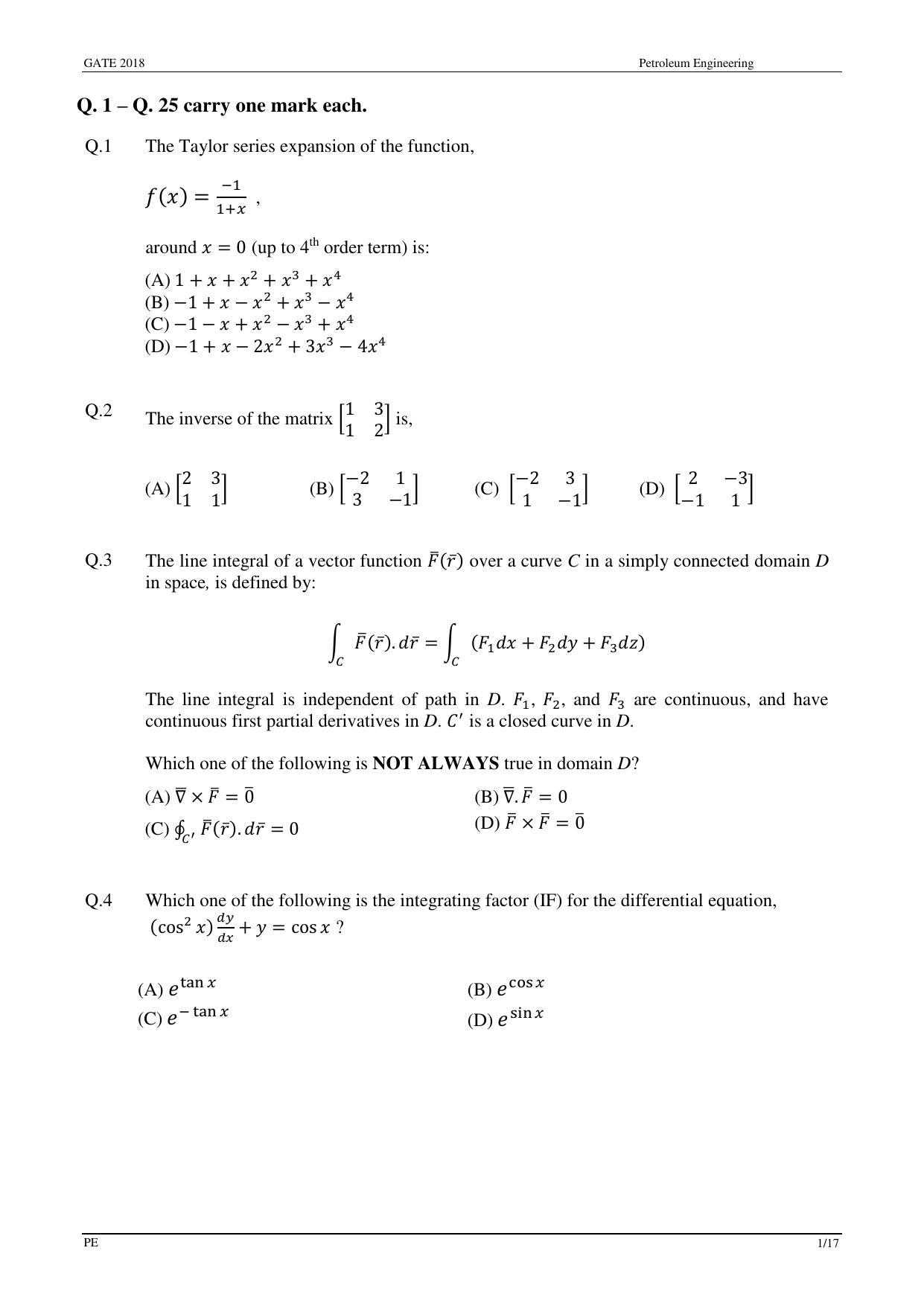 GATE 2018 Petroleum Engineering (PE) Question Paper with Answer Key - Page 3