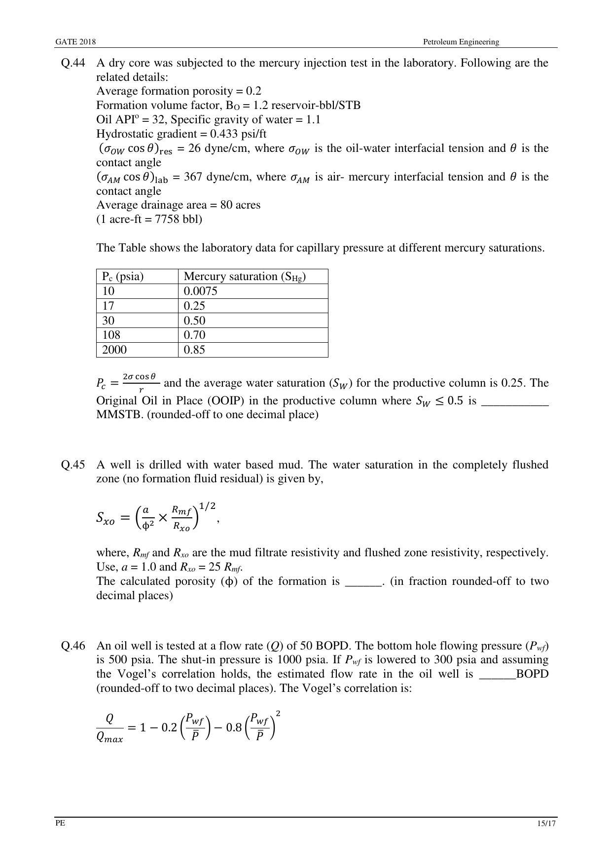 GATE 2018 Petroleum Engineering (PE) Question Paper with Answer Key - Page 17