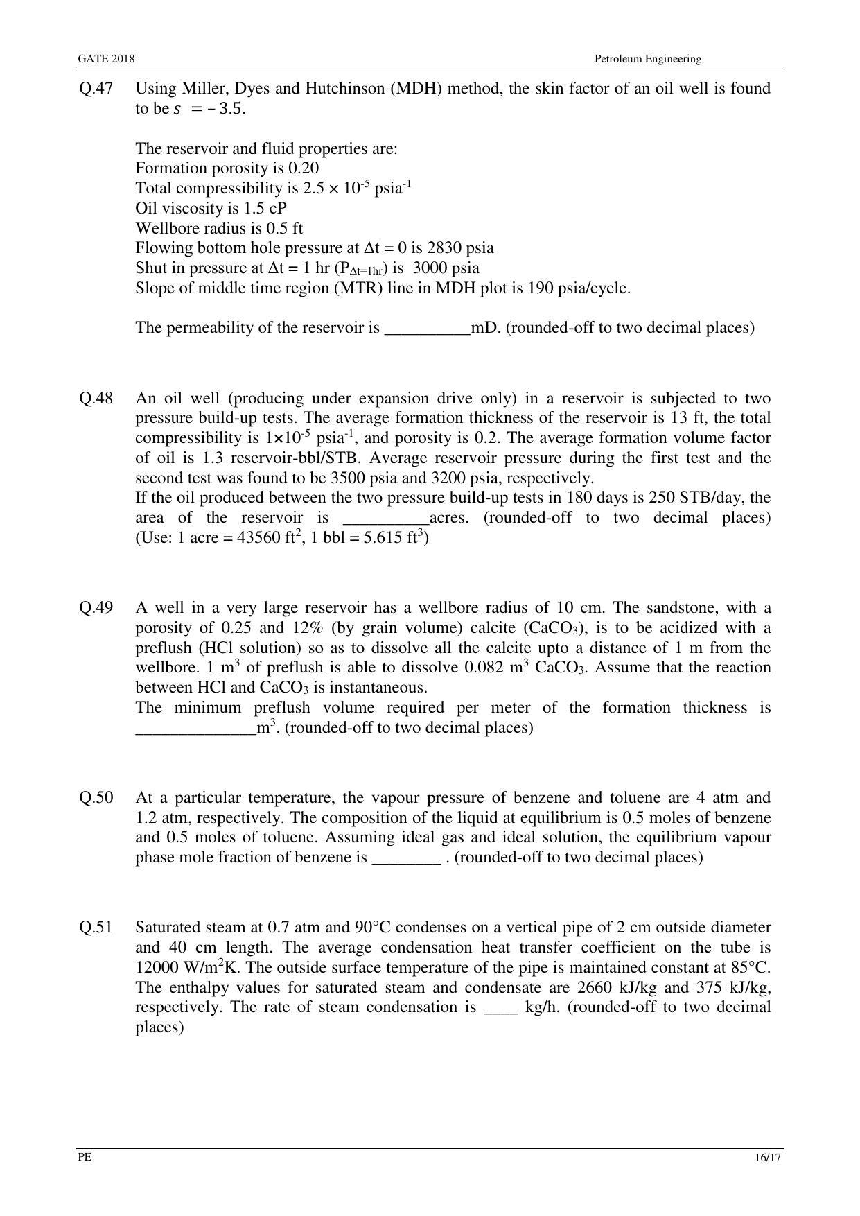 GATE 2018 Petroleum Engineering (PE) Question Paper with Answer Key - Page 18