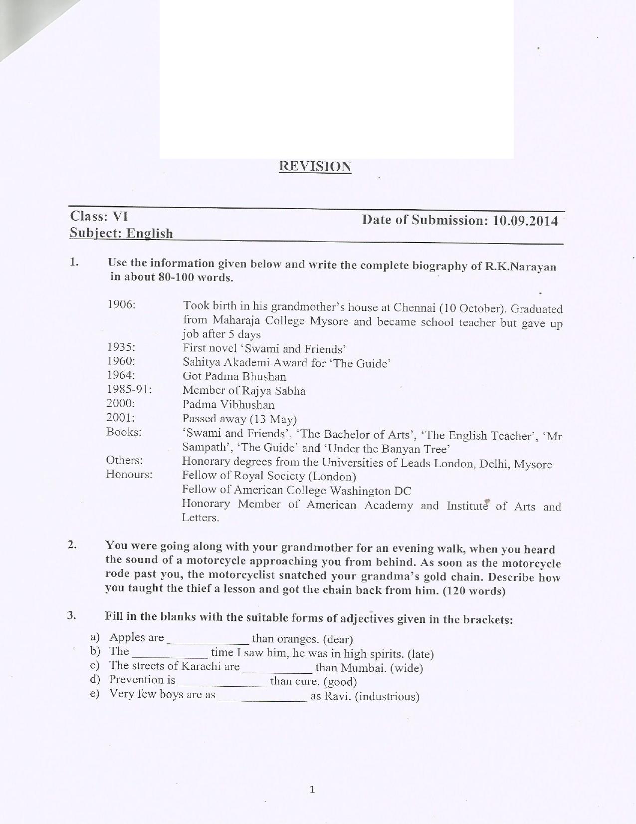 CBSE Worksheets for Class 6 English Assignment 13 - Page 1