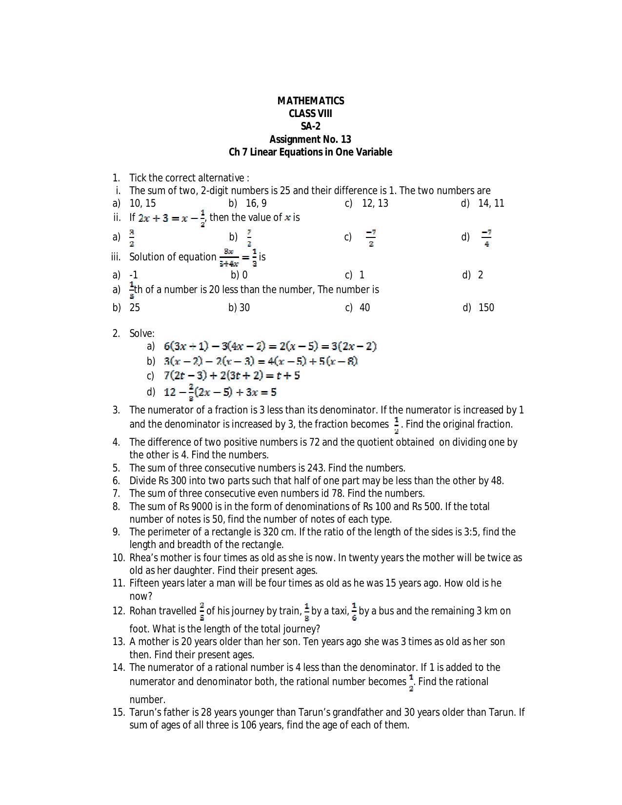 CBSE Worksheets for Class 8 Mathematics Linear Equations in One Variable Assignment 6 - Page 1