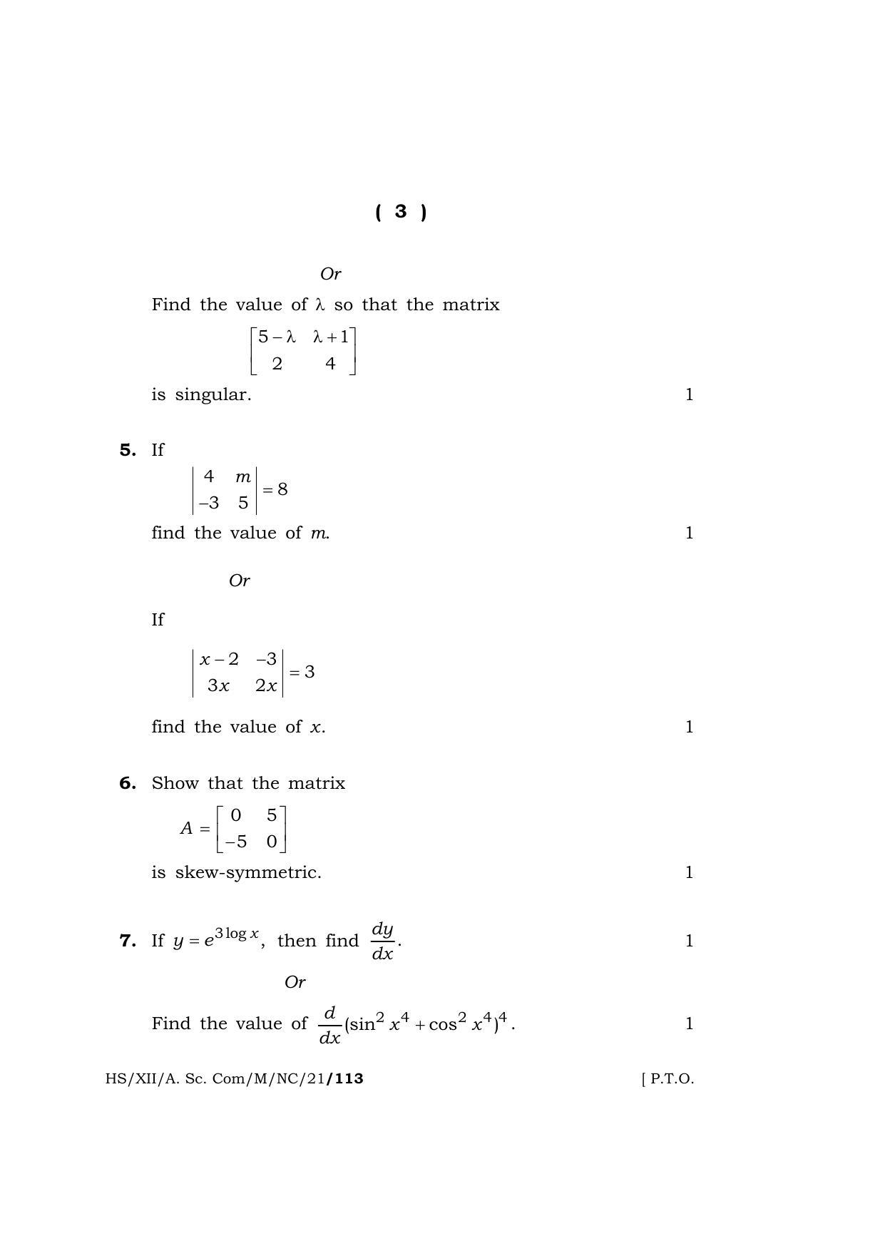 Meghalaya Board (MBOSE) Class 12 MATHEMATICS (New Course) (HS-XII-A. Sc. Com-M-NC-21) 2021 Question Paper - Page 3