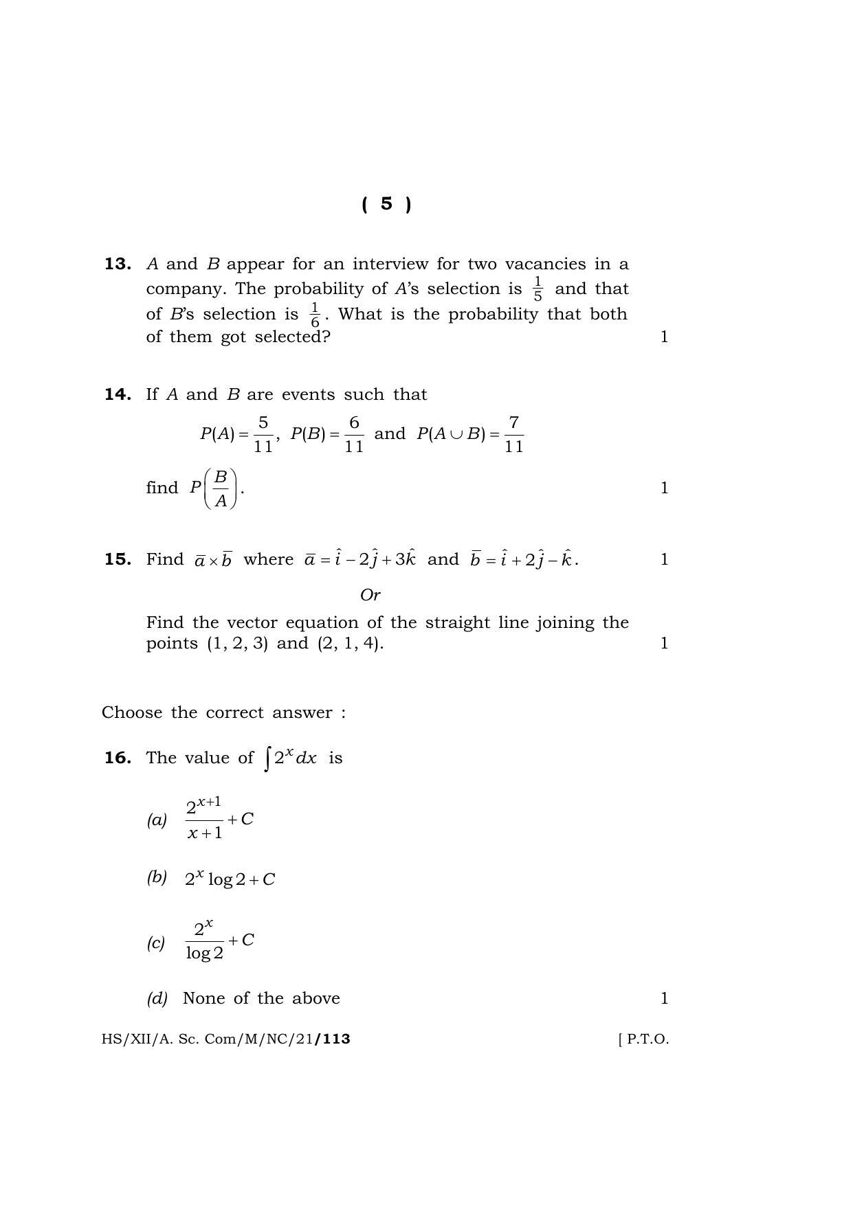 Meghalaya Board (MBOSE) Class 12 MATHEMATICS (New Course) (HS-XII-A. Sc. Com-M-NC-21) 2021 Question Paper - Page 5