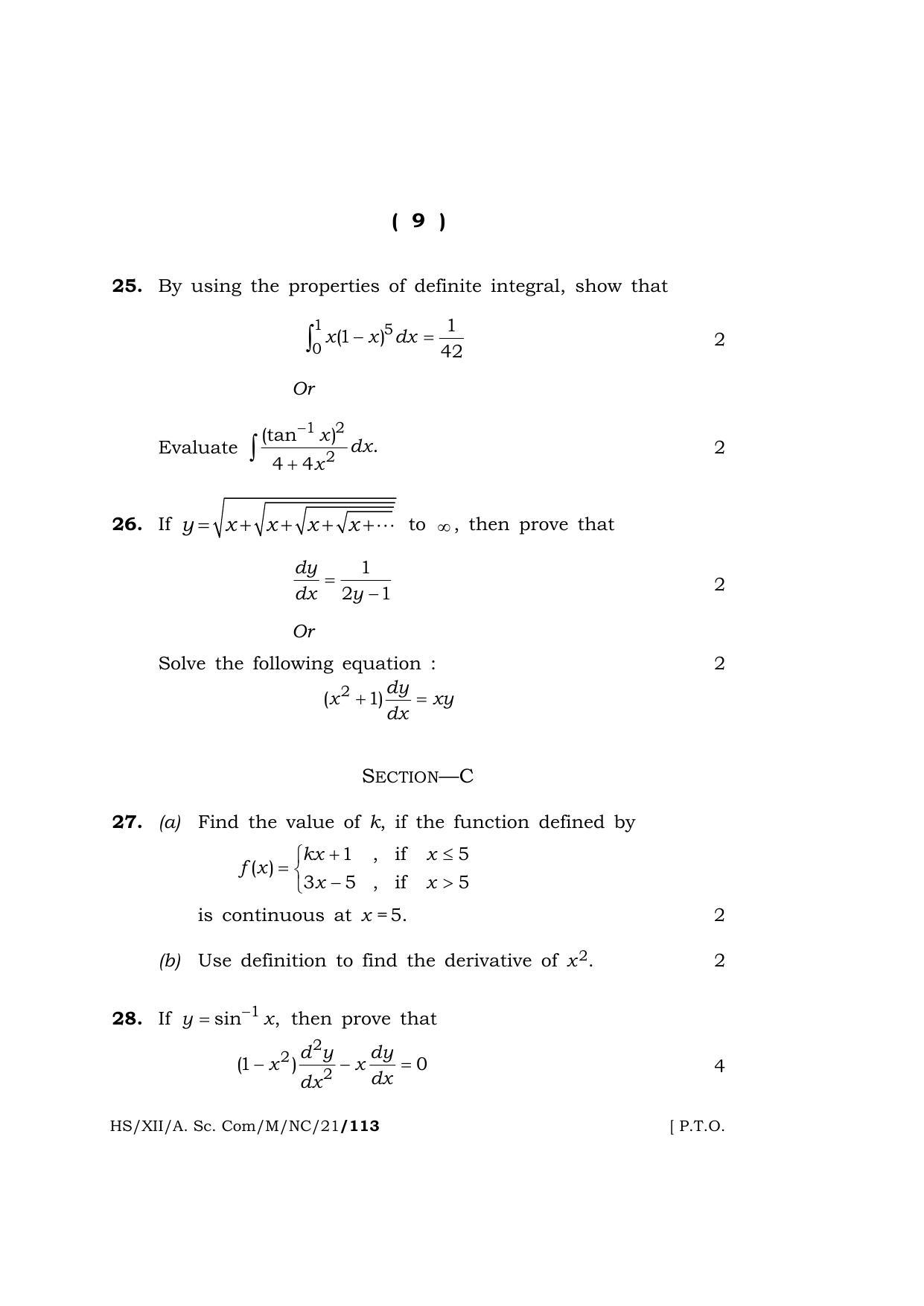 Meghalaya Board (MBOSE) Class 12 MATHEMATICS (New Course) (HS-XII-A. Sc. Com-M-NC-21) 2021 Question Paper - Page 9