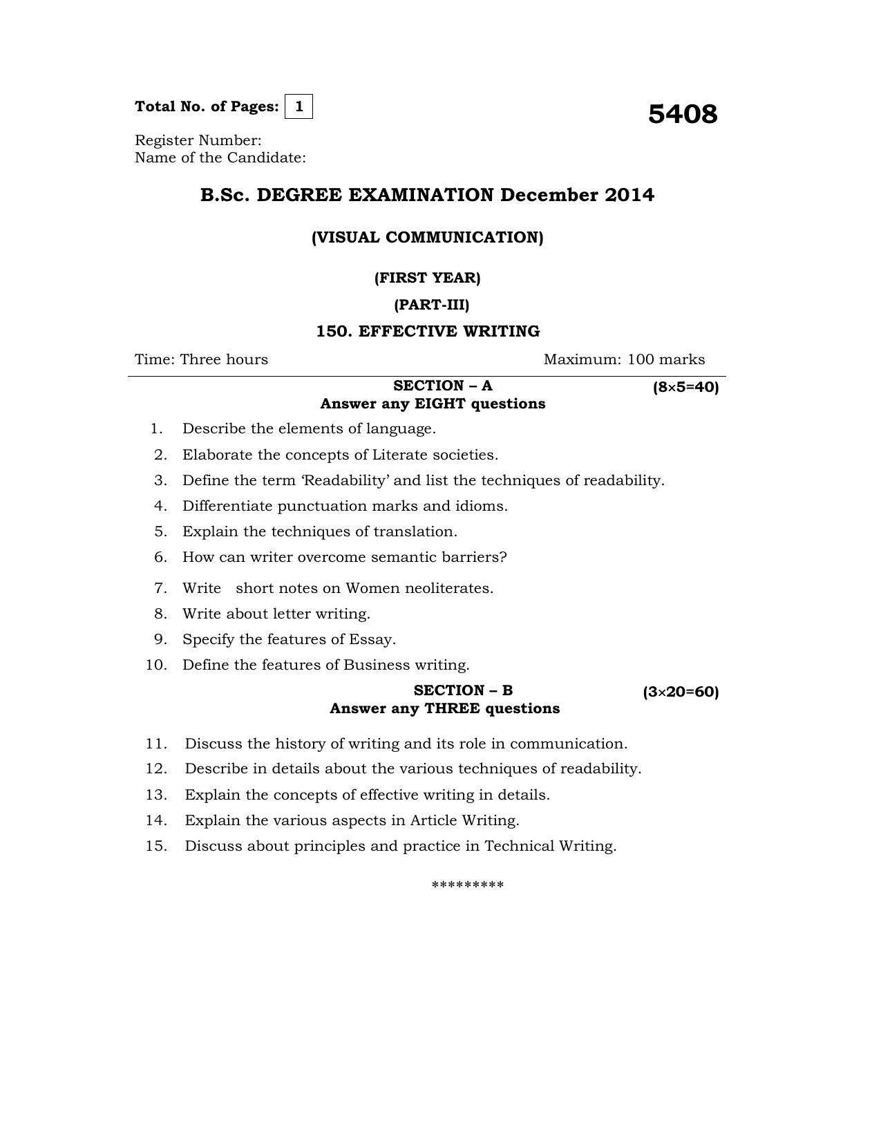 Annamalai University Effective Writing B.Sc Visual Communication December 2014 Question Papers - Page 1