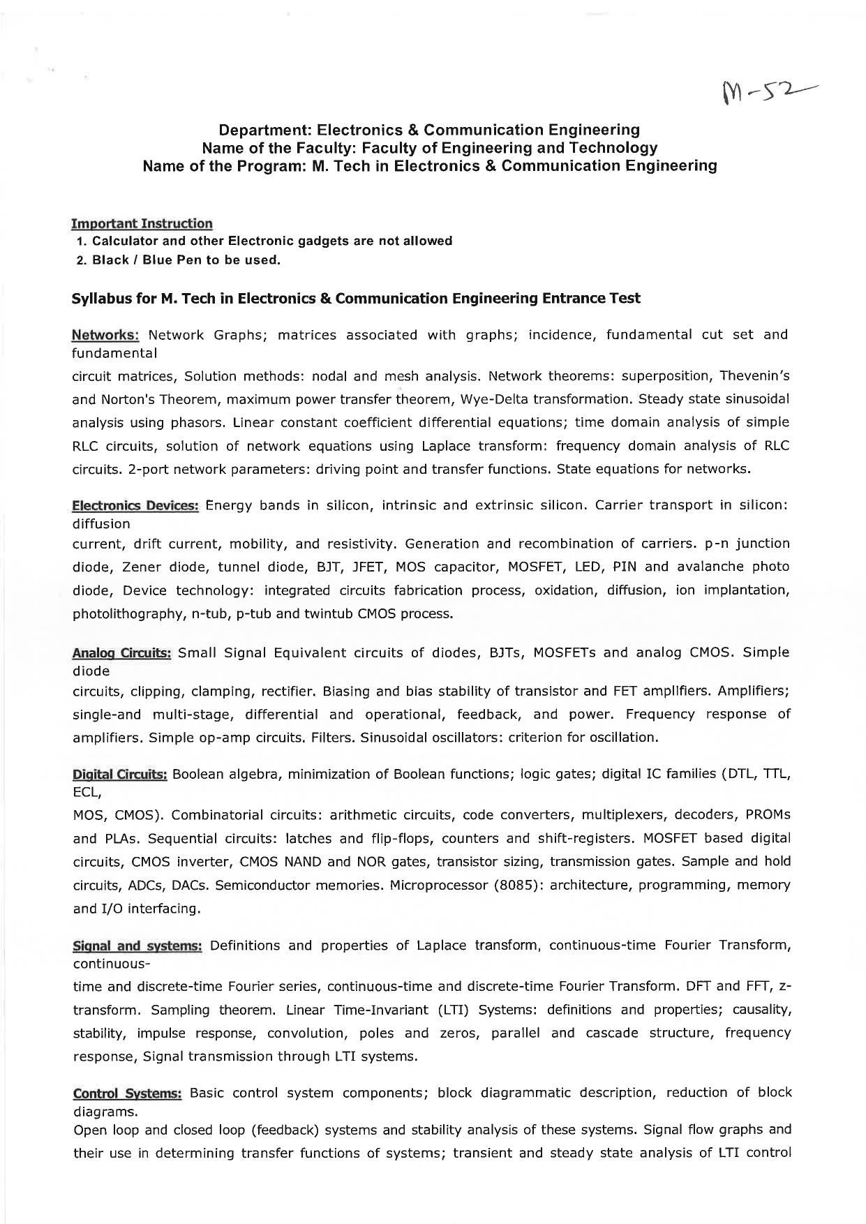 JMI Entrance Exam M52-M.Tech.(Electronics & Communication Engineering) Syllabus - Page 1