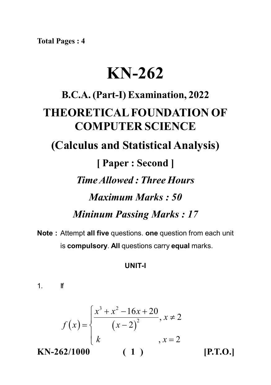 Sarguja University Question Paper - 2022 :  B.C.A Part One (II)Calculus & Statistical Analysis Paper II - Page 1