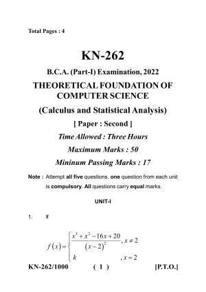Sarguja University Question Paper - 2022 :  B.C.A Part One (II)Calculus & Statistical Analysis Paper II