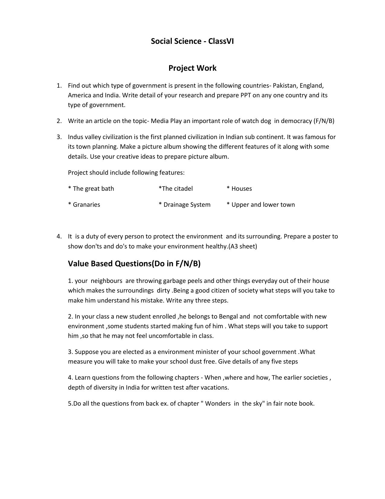 CBSE Worksheets for Class 6 Social Science Project Work Assignment - Page 1