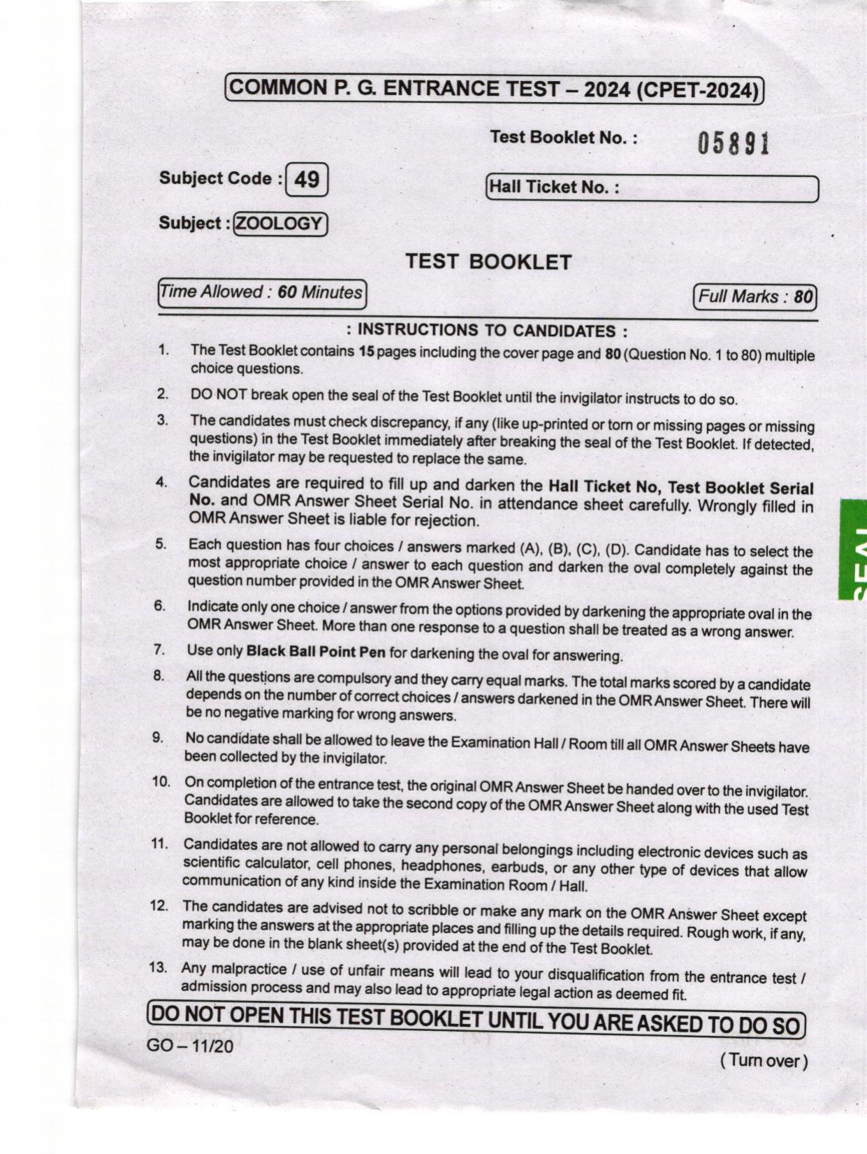 Odisha CPET 2024 ZOOLOGY Question Papers - Page 1