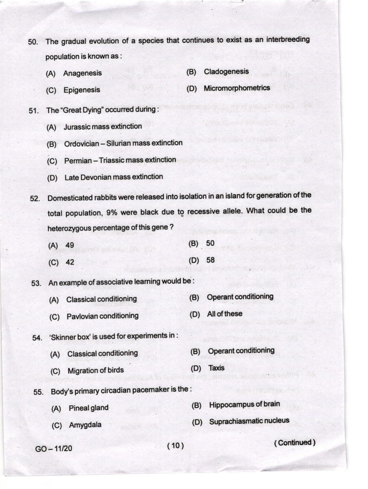 Odisha CPET 2024 ZOOLOGY Question Papers - Page 10