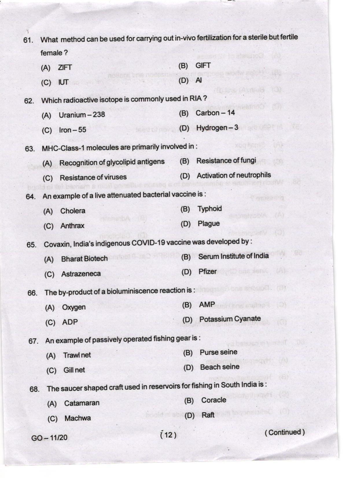 Odisha CPET 2024 ZOOLOGY Question Papers - Page 12