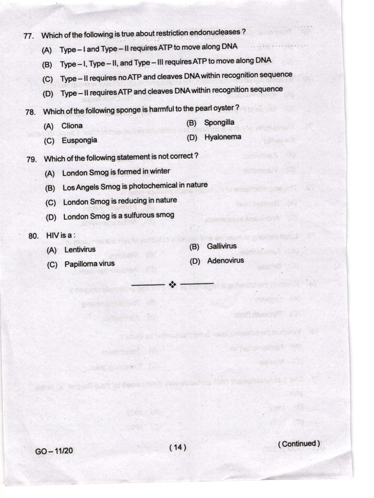 Odisha CPET 2024 ZOOLOGY Question Papers - Page 14