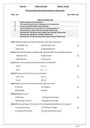 HPBOSE Class 12th Physics Sample Question Papers 2024