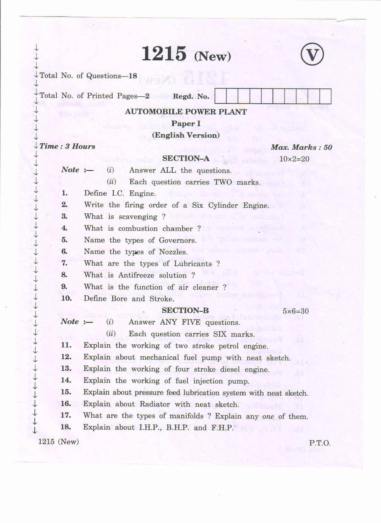 AP Inter 1st Year Automobile Power Plant-I March-2020-VocationalQuestion Paper - Page 1