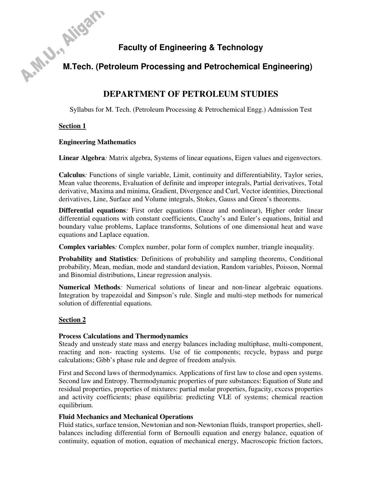 AMU Entrance Exam: M. Tech. Petroleum Processing & Petrochemical Engg. Syllabus - Page 1