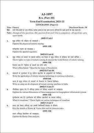 Bilaspur University Question Paper 2021-2022:B.A. Part-III (Three) Geography Paper 1