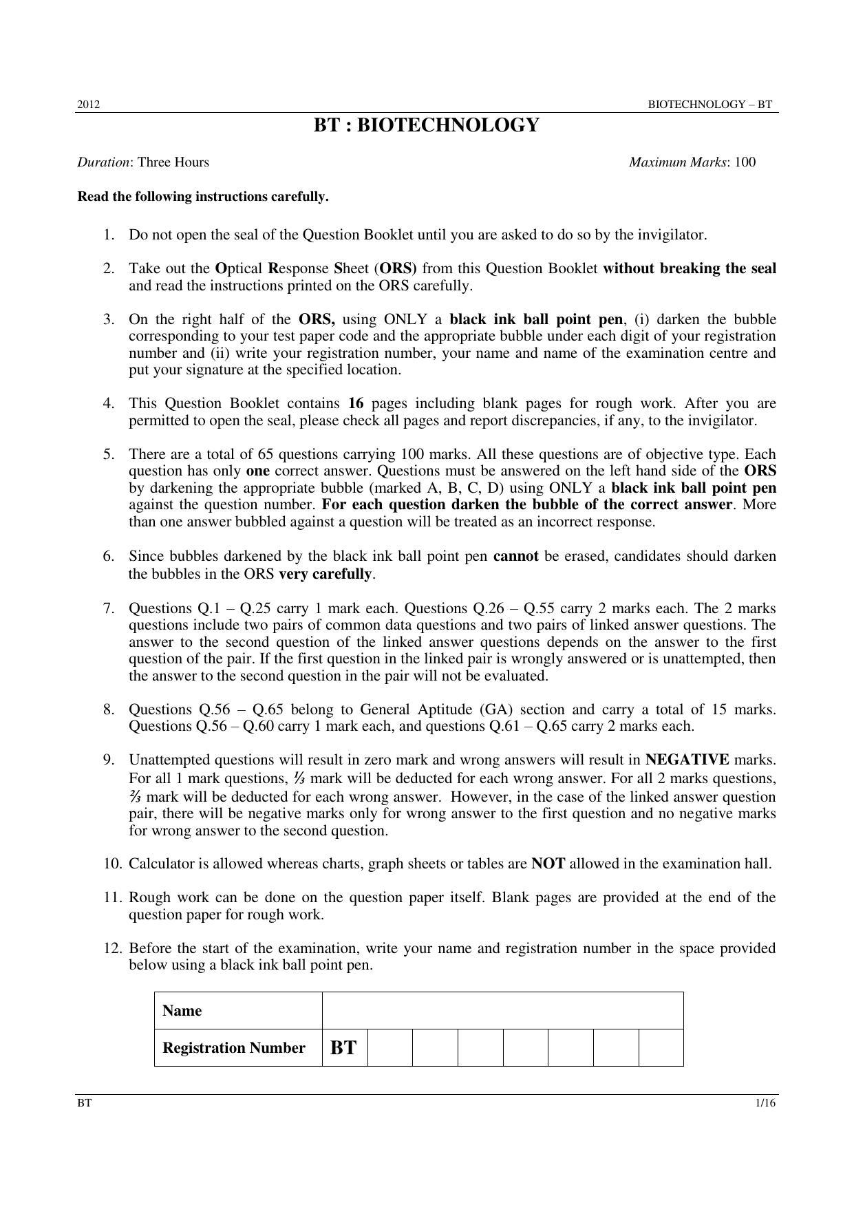 GATE 2012 Biotechnology (BT) Question Paper with Answer Key - Page 1