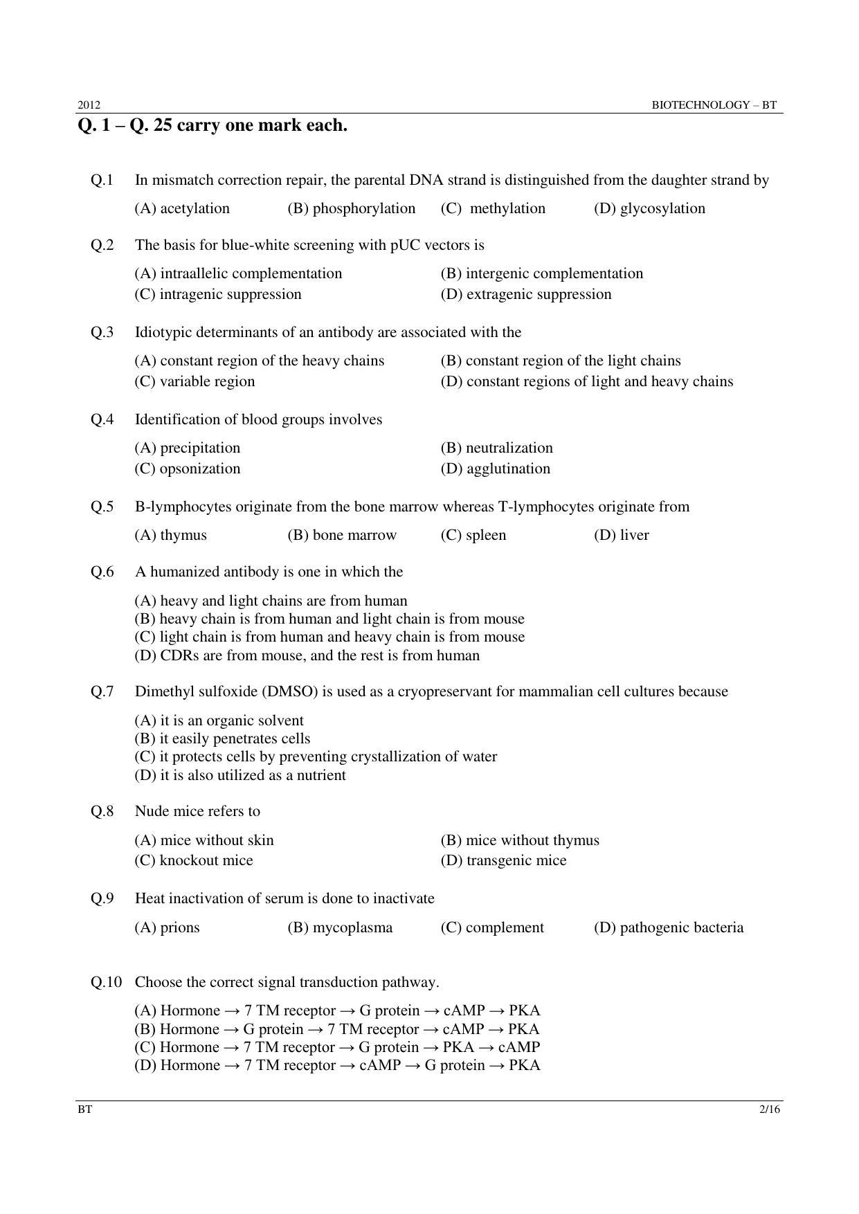 GATE 2012 Biotechnology (BT) Question Paper with Answer Key - Page 2