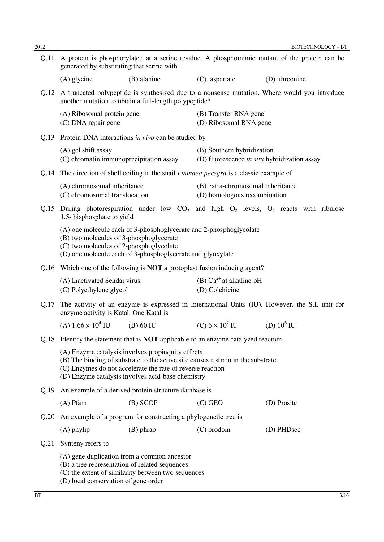 GATE 2012 Biotechnology (BT) Question Paper with Answer Key - Page 3