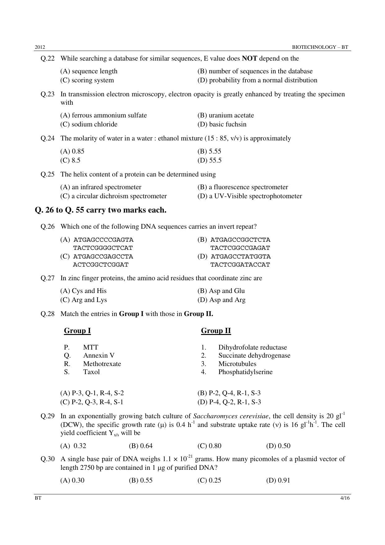 GATE 2012 Biotechnology (BT) Question Paper with Answer Key - Page 4