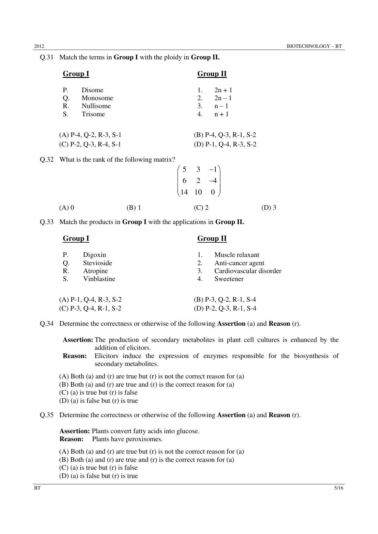 GATE 2012 Biotechnology (BT) Question Paper with Answer Key - Page 5