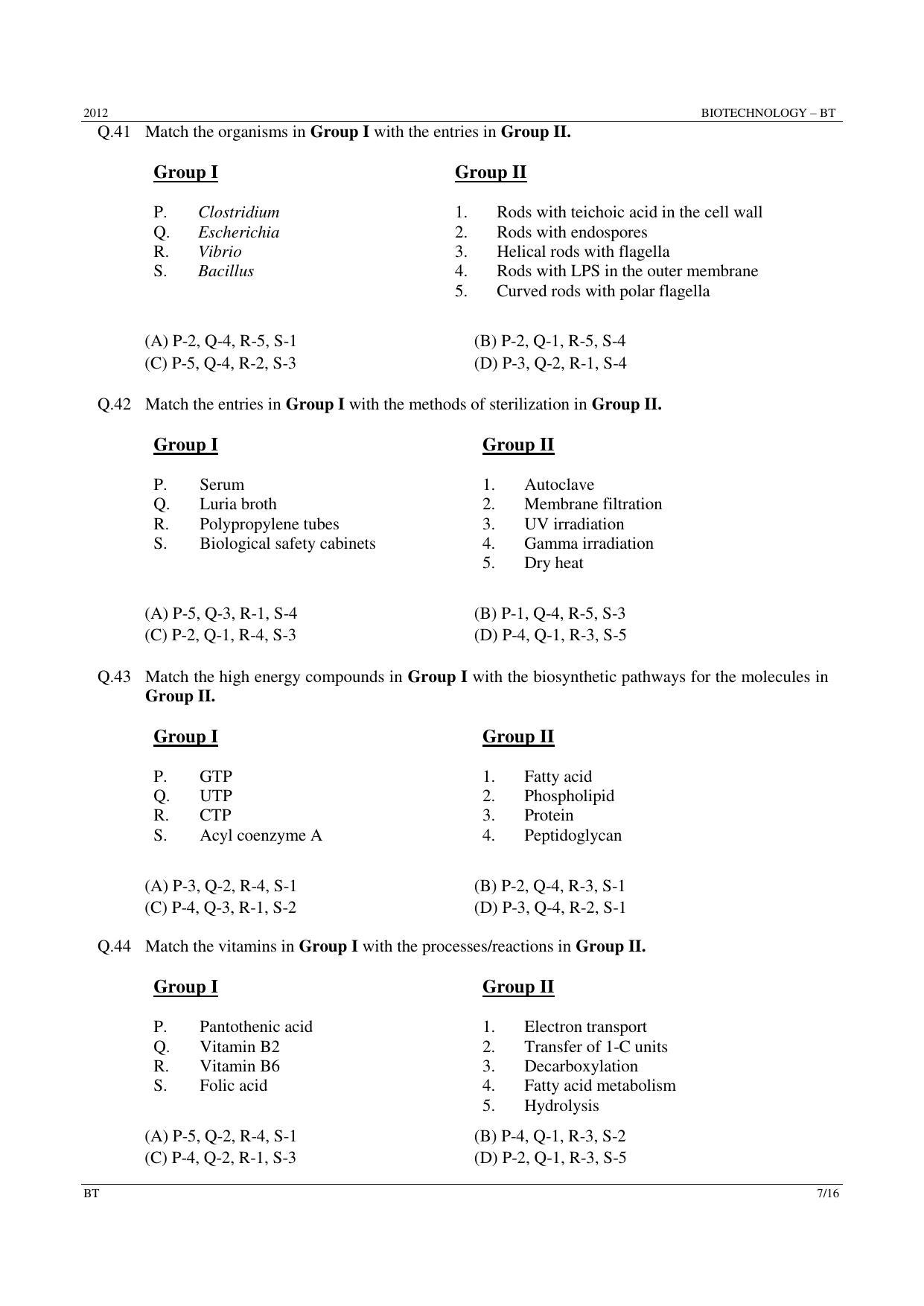 GATE 2012 Biotechnology (BT) Question Paper with Answer Key - Page 7