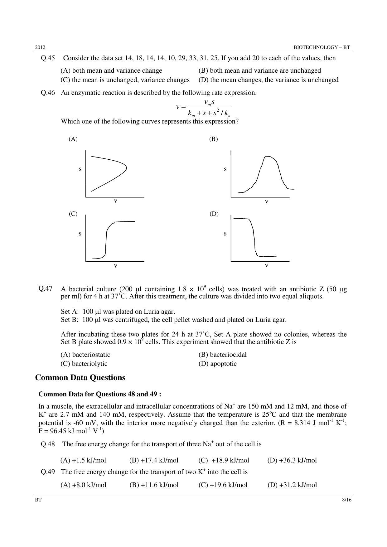 GATE 2012 Biotechnology (BT) Question Paper with Answer Key - Page 8