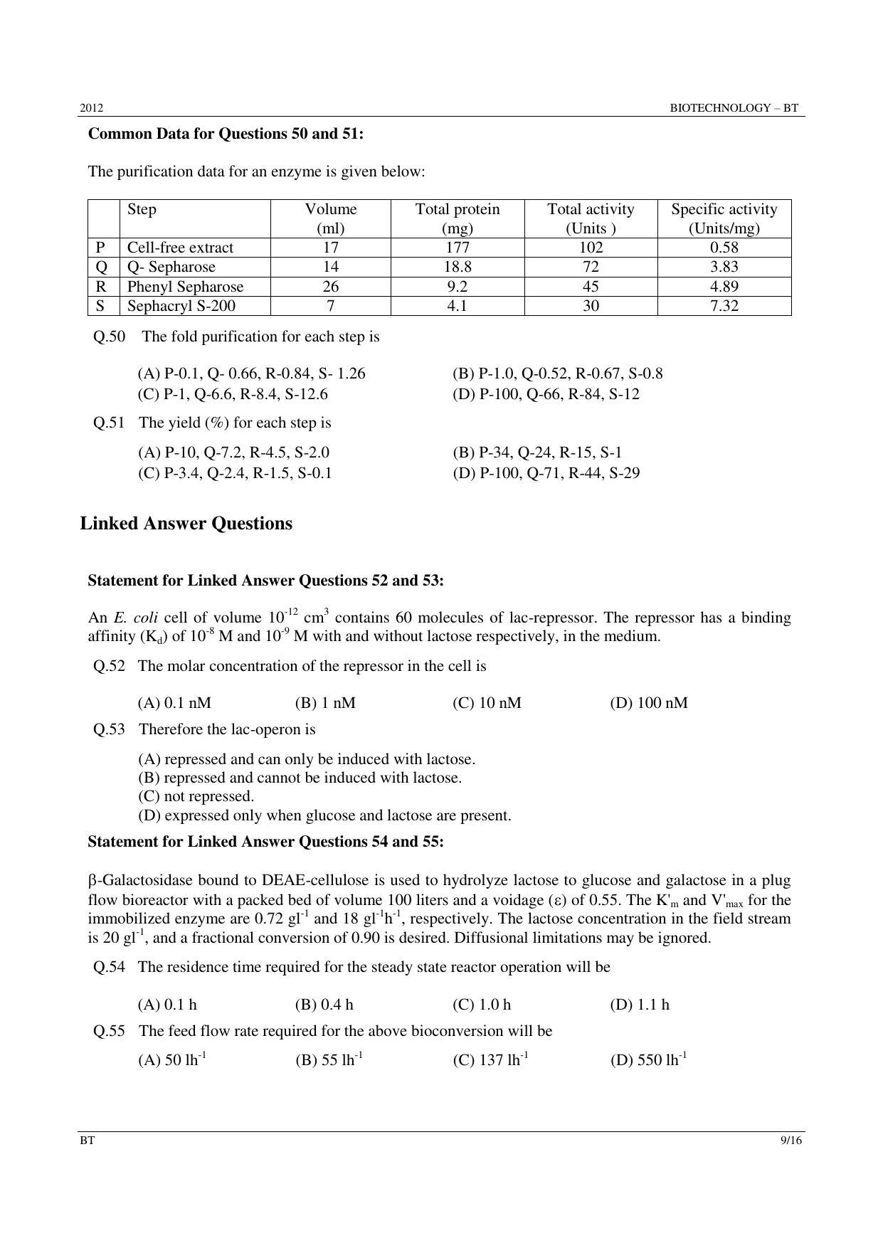 GATE 2012 Biotechnology (BT) Question Paper with Answer Key - Page 9