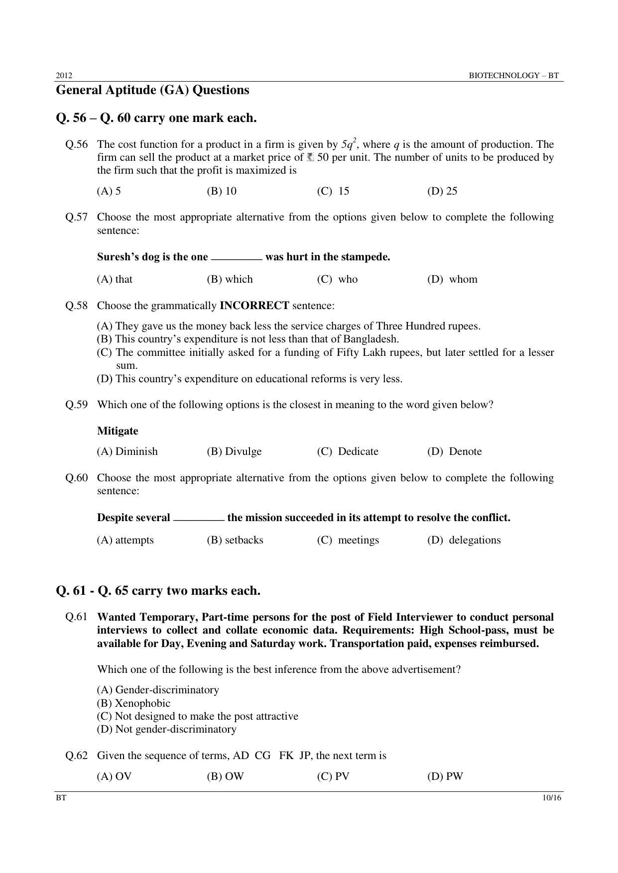 GATE 2012 Biotechnology (BT) Question Paper with Answer Key - Page 10
