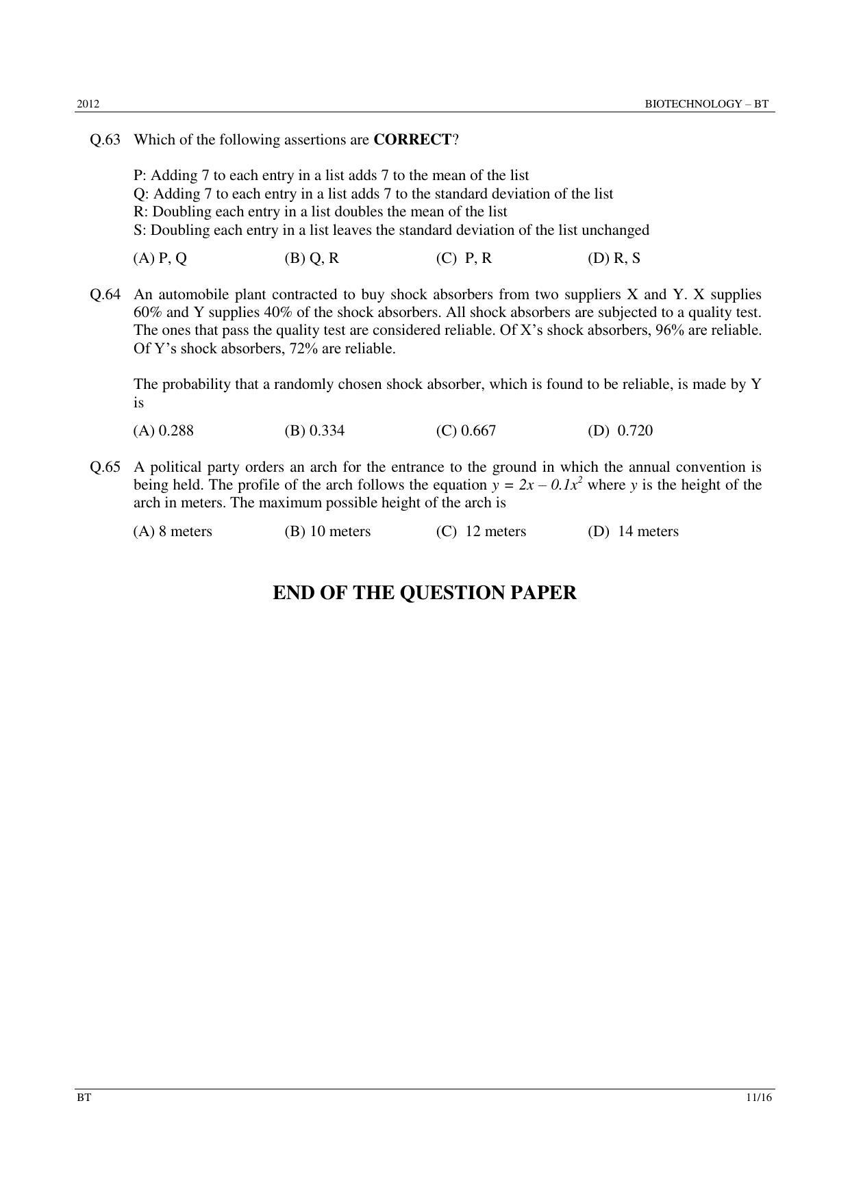 GATE 2012 Biotechnology (BT) Question Paper with Answer Key - Page 11